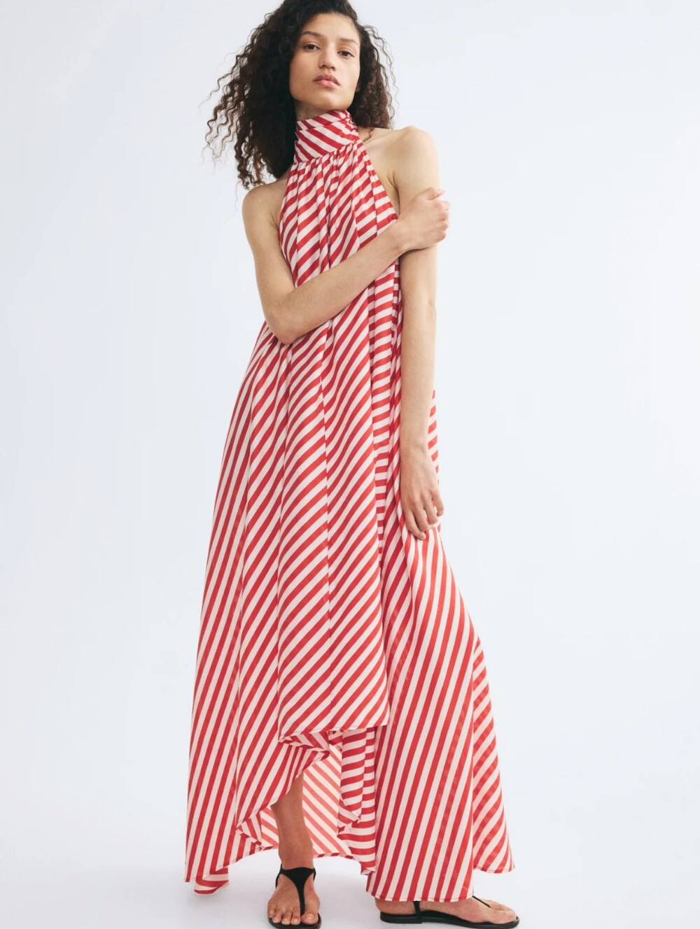 H&M Tie-Detail A-Line Dress Maxi Red Cream Striped Sz M Bnwt